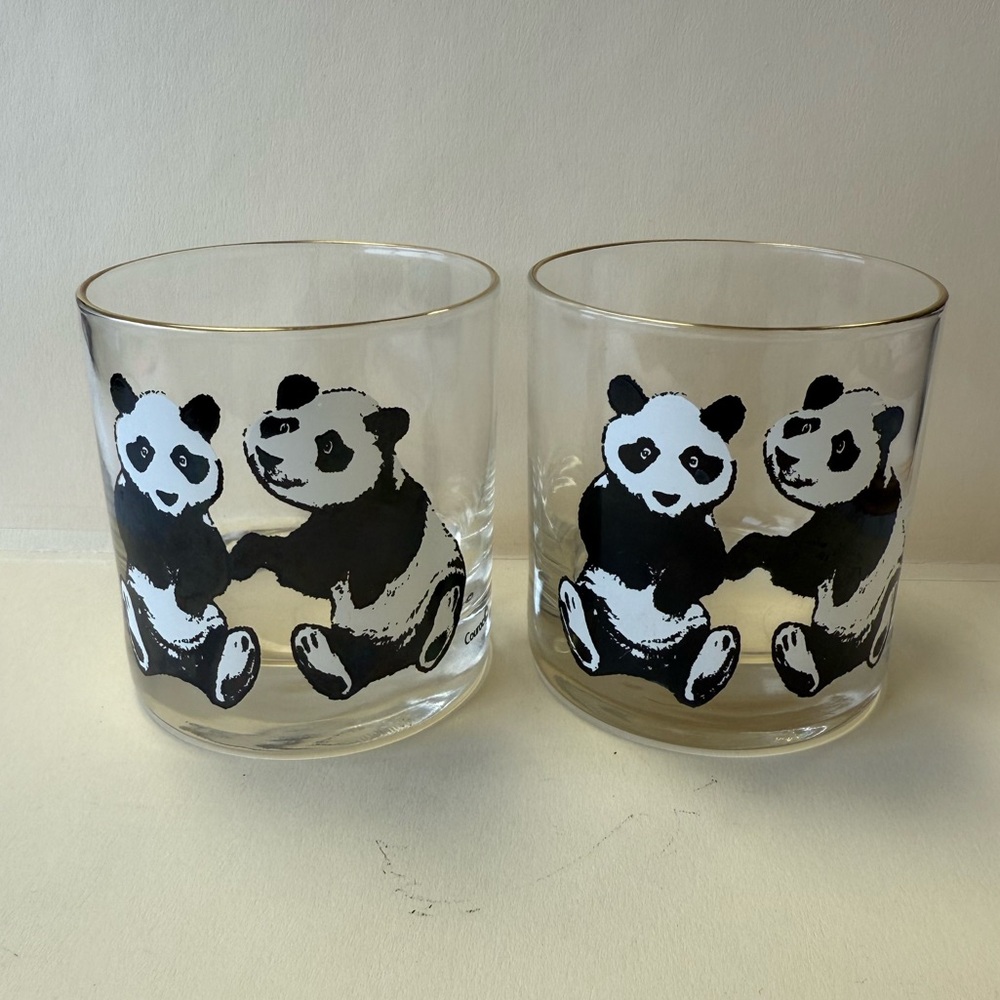 Set of 2 Vintage Couroc Whiskey Lowball Panda Glass Tumblers with 22k Gold Rim.